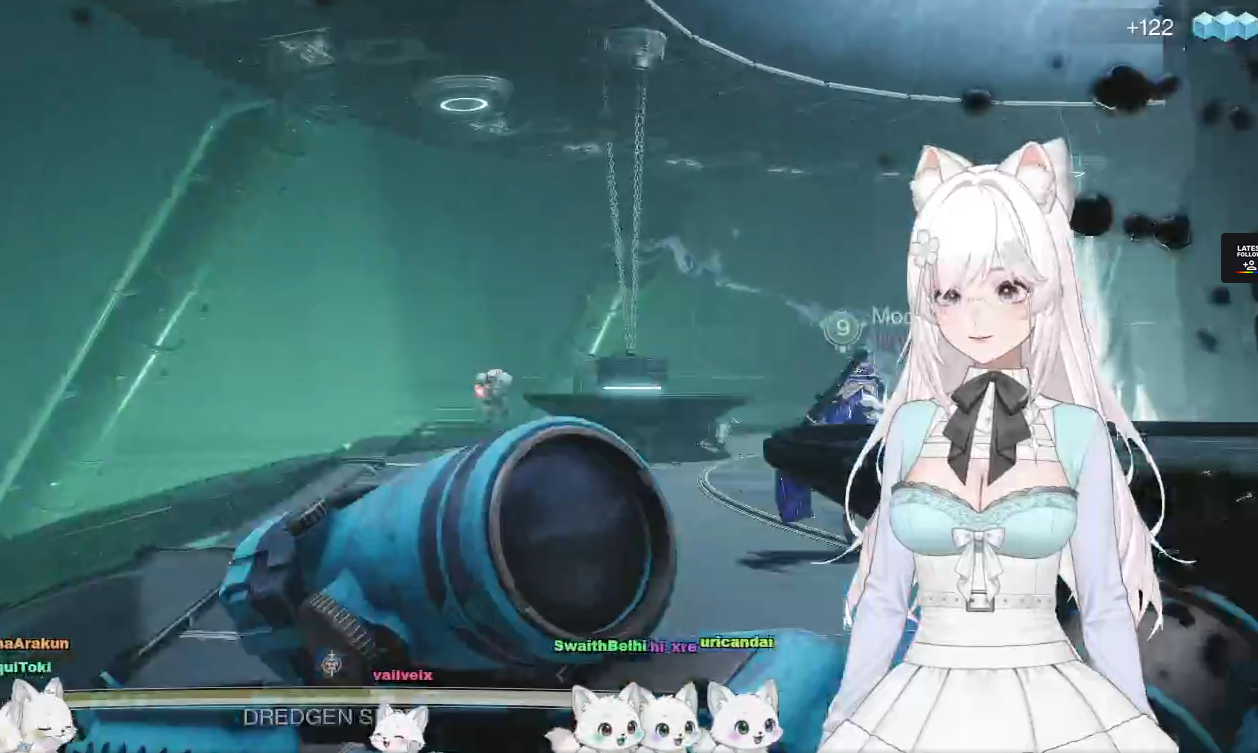 Ayami Hoshino with long white hair, fox ears, and a mint outfit